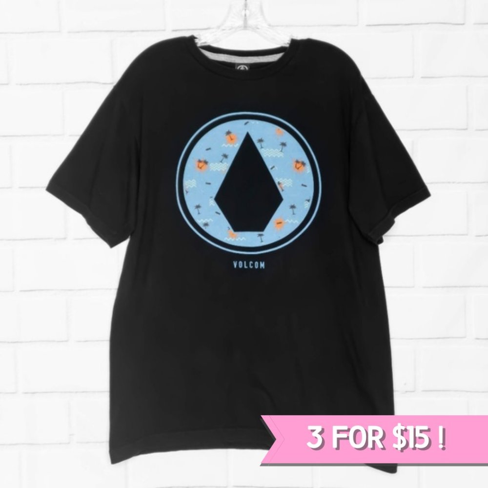 VOLCOM⫸Stone Black Graphic Tee•Blue Palm Trees